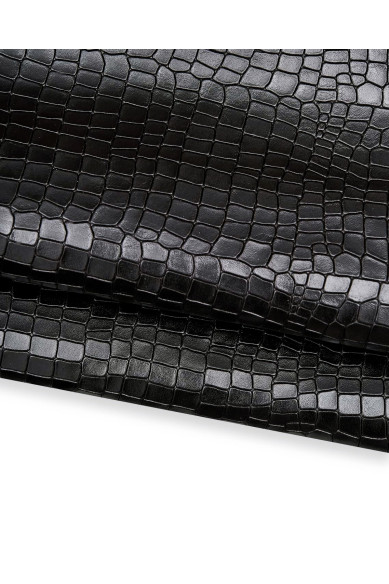 Black glossy CROCODILE embossed on dark brown basis leather hide, soft printed calfskin, cowhide 0.9-1.1 mm