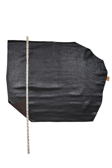 Black glossy CROCODILE embossed on dark brown basis leather hide, soft printed calfskin, cowhide 0.9-1.1 mm