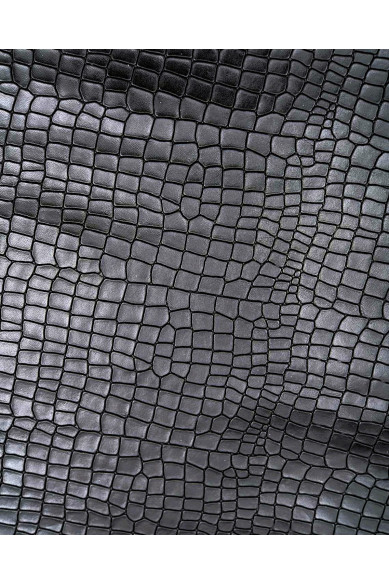 Black glossy CROCODILE embossed on dark brown basis leather hide, soft printed calfskin, cowhide 0.9-1.1 mm