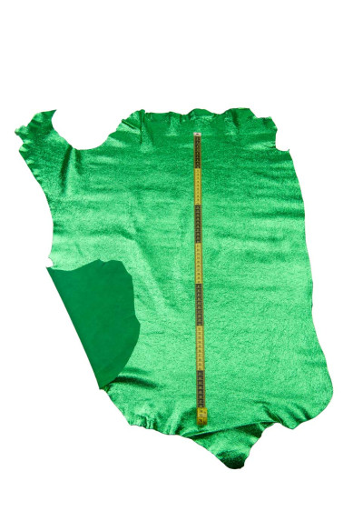 Green METALLIC leather skin, CRACKLED printed goatskin, super soft wrinkled hide