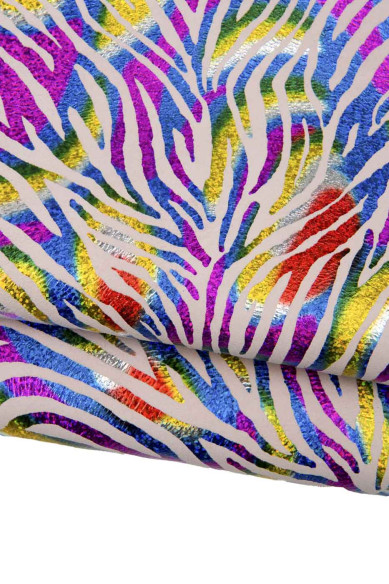 Multicolor zebra printed leather skin, IRIDESCENT metallic animal texture on powder pink suede goatskin for DIY projects
