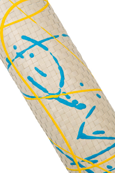 Beige BRAIDED leather hide, handpainted cowhide, yellow - blue POLLOCK - splash print on calfskin