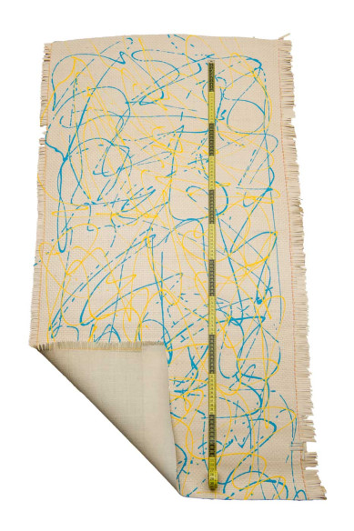 Beige BRAIDED leather hide, handpainted cowhide, yellow - blue POLLOCK - splash print on calfskin