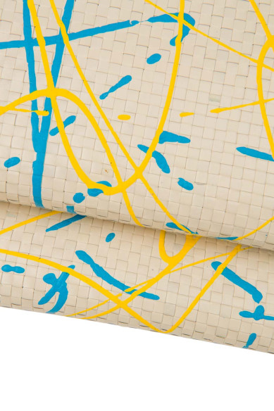 Pelle INTRECCIATO vero beige dipinta a mano, pellame stama POLLOCK schizzo giallo azzurro