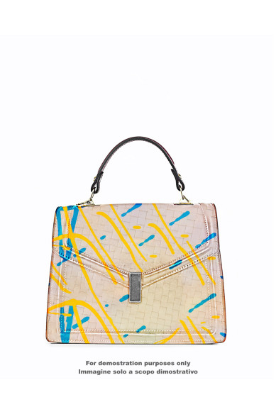 Pelle INTRECCIATO vero beige dipinta a mano, pellame stama POLLOCK schizzo giallo azzurro