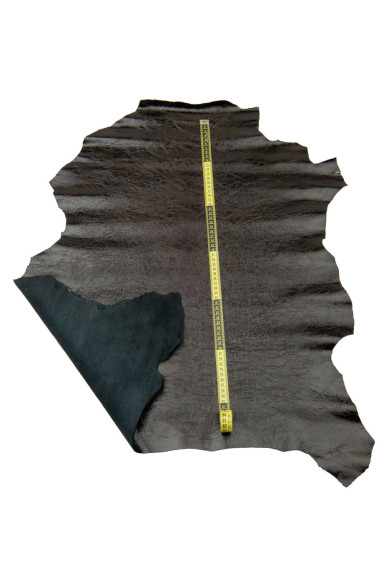 Dark brown GLOSSY leather skin, CRACKLED print on goatskin, soft wrinkled hide for crafters