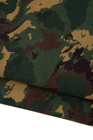 Pelle stampa CAMOUFLAGE verde marrone beige, vitello scamosciato motivo MILITARE, pellame morbido