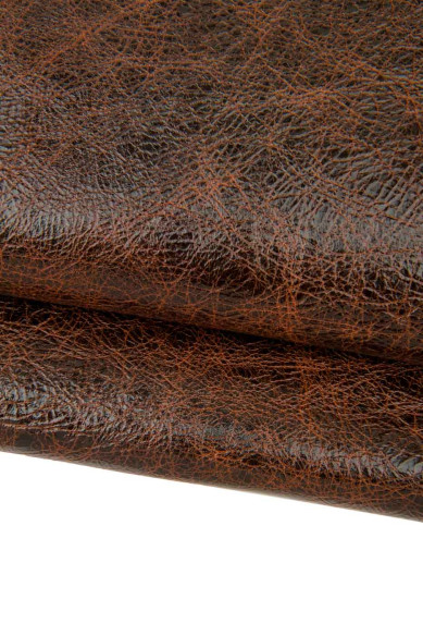 Reddish brown wrinkled leather skin, CRACKLED print on GLOSSY goatskin, sporty soft skin