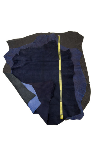 Assortment of 3 BLUE leather skins, 1 suede skin - 2 printed CARVED hides as per picture, ideal for diy projects
