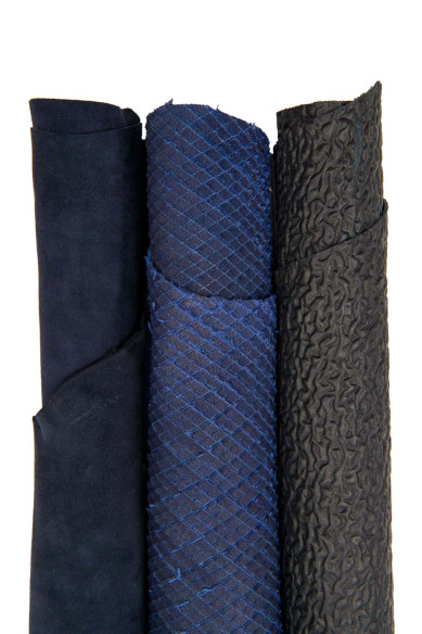 Assortimento 3 pelli blu, 1 pellame CAMOSCIO - 2 capre STAMPATE come da foto, per il fai da te