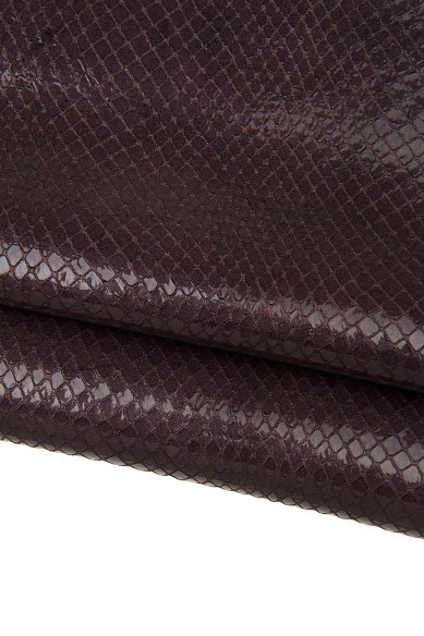 Pelle stampa RETTILE viola scuro, capra LUCIDA motivo SERPENTE, pellame melanzana morbido