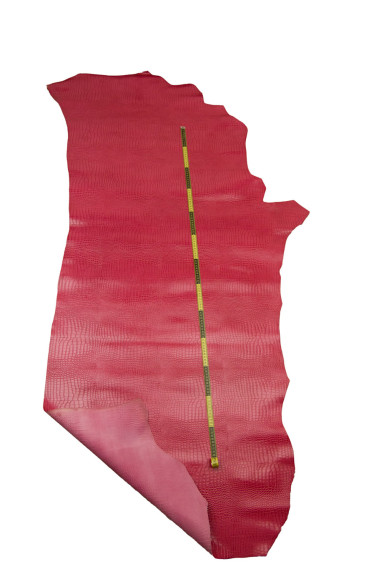 Coral red CROCODILE embossed leather hide, GLOSSY cowhide, slightly stiff, 1.0 - 1.2 mm
