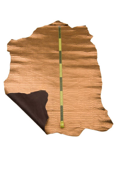 Pelle COCCODRILLO bronzo, capra stampata LAMINATA marrone, pellame metallizzato morbido