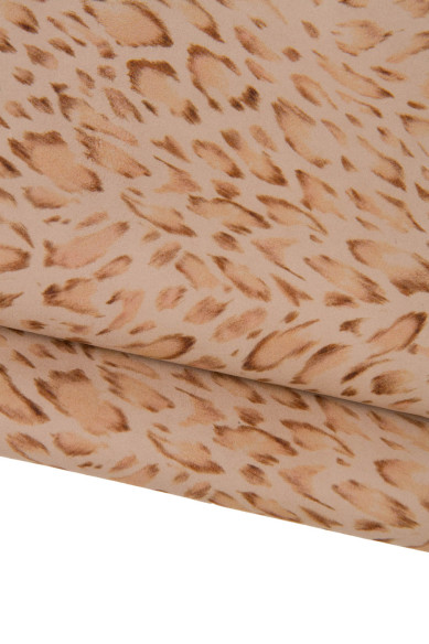 Beige - brown LEOPARD printed leather skin, CHEETAH textured suede goatskin, animal pattern on hide, for hobbyists