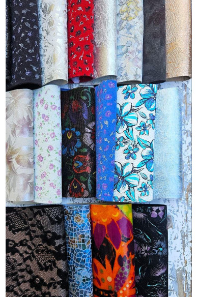 Vibrant FLOWERS Scraps – Exotic Printed Leather for DIY & Sewing - colors random from picture