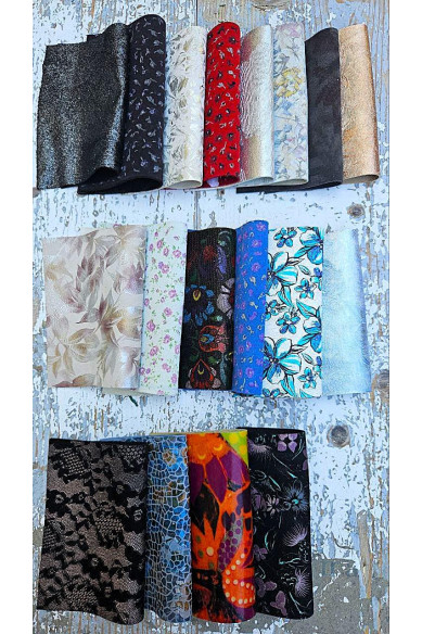 Vibrant FLOWERS Scraps – Exotic Printed Leather for DIY & Sewing - colors random from picture