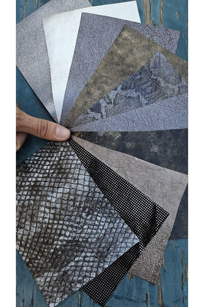 10 Selected leather scraps, GREY and...