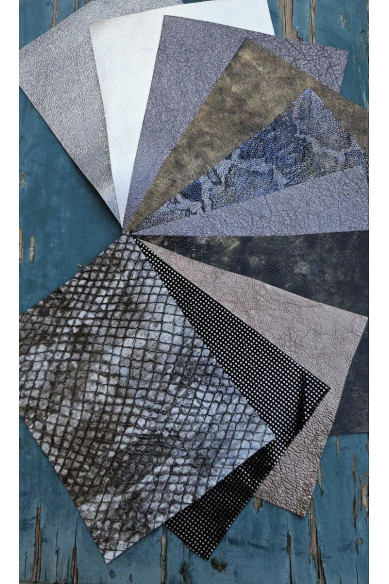 10 Selected leather scraps, GREY and BRONZE colors, printed and foils various, mix selection leather remnants as per pictures