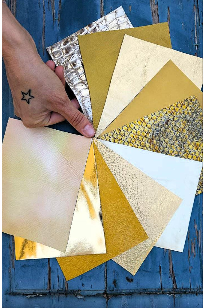 10 Selected leather scraps, GOLD...