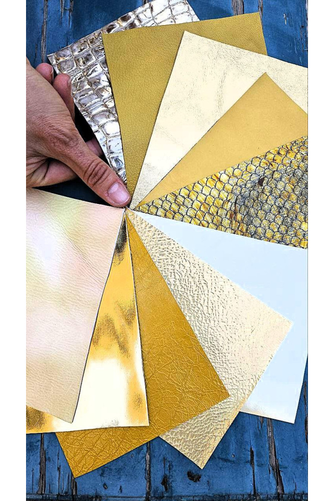 10 Selected leather scraps, GOLD...