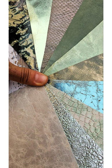 10 Selected leather scraps, GREEN tones, printed and metalic printed,mix selection leather pieces as per pictures