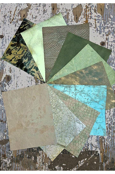 10 Selected leather scraps, GREEN tones, printed and metalic printed,mix selection leather pieces as per pictures