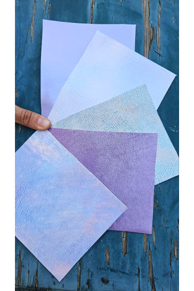 5 Ritagli di pellami unici selezionati, toni LILLA VIOLETTO LAVANDA, stampe varie, laminate e non, pezzi mix di fantasie come da