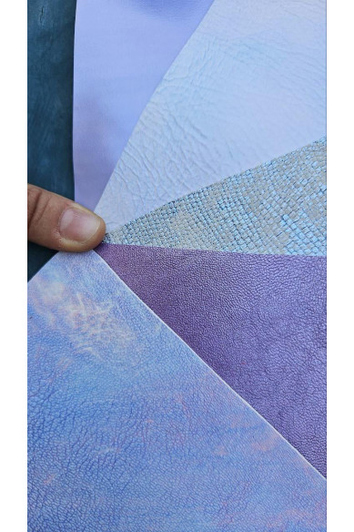5 Ritagli di pellami unici selezionati, toni LILLA VIOLETTO LAVANDA, stampe varie, laminate e non, pezzi mix di fantasie come da