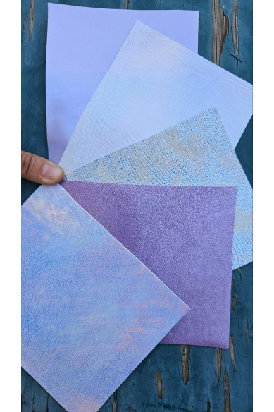 5 Ritagli di pellami unici selezionati, toni LILLA VIOLETTO LAVANDA, stampe varie, laminate e non, pezzi mix di fantasie come da