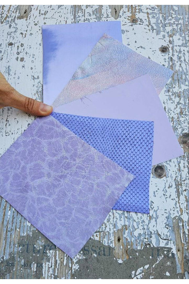 5 Ritagli di pellami unici selezionati, toni LILLA VIOLETTO, stampe varie, laminate e non, pezzi mix di fantasie come da foto