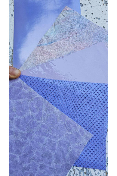 5 Selected leather scraps, VIOLET LILAC tones, printed and metalic printed, mix selection leather remnants as per pictures