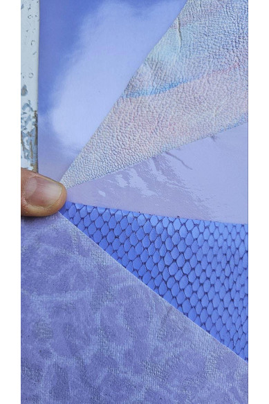 5 Ritagli di pellami unici selezionati, toni LILLA VIOLETTO, stampe varie, laminate e non, pezzi mix di fantasie come da foto