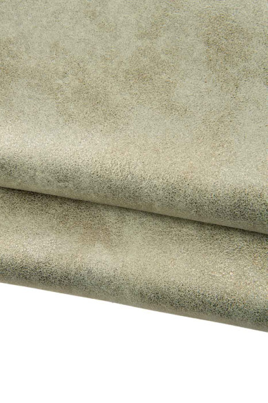 Pelle LAMINATA acciaio - bronzo su base camoscio verdino, pellame capra SCAMOSCIATA metallizzata morbida