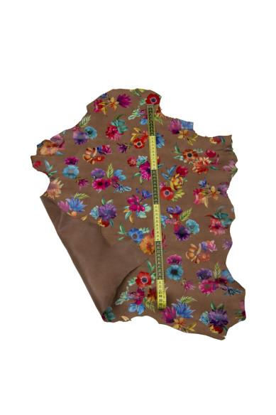 Pelle a FIORI MULTICOLOR, capra scamosciata marrone con stampa floreale, pellame morbido per fai da te