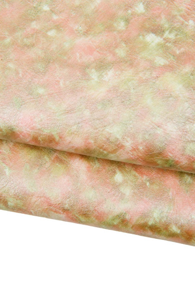 Pelle verde - arancio effetto simil TIE DYE, capra morbida perlata, pellame per il fai da te