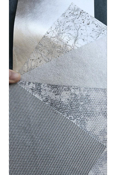 5 Selected leather scraps, SILVER tones, printed and metalic printed, mix selection leather pieces as per pictures