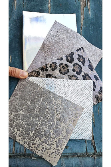 5 Ritagli di pellami unici selezionati, ARGENTO e IRIDESCENTE, stampe varie,laminate e non,pezzi mix di fantasie come da foto RT