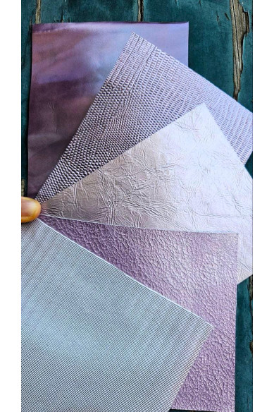 5 Ritagli di pellami unici selezionati, LILLA VIOLETTO LAVANDA, stampe varie, laminate e non, pezzi mix di fantasie come da foto