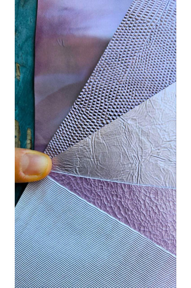 5 Ritagli di pellami unici selezionati, LILLA VIOLETTO LAVANDA, stampe varie, laminate e non, pezzi mix di fantasie come da foto