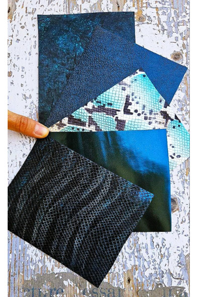 5 Selected leather scraps, PETROLIUM tones, printed and metalic printed, mix selection leather pieces as per pictures