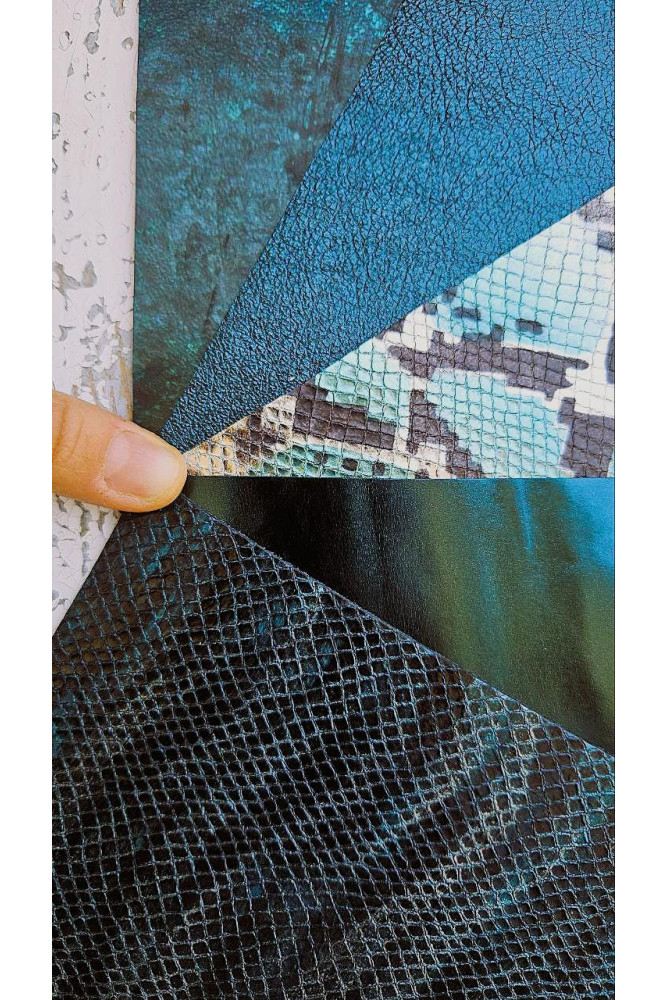 5 Selected leather scraps, PETROLIUM...