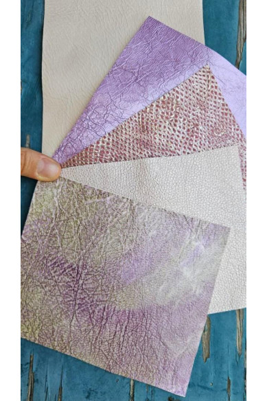 5 Ritagli di pellami unici selezionati, toni ROSA LAVANDA, stampe varie, laminate e non, pezzi mix di fantasie come da foto