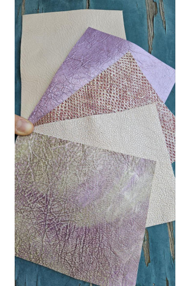 5 Selected leather scraps, PINK LAVENDER  tones, printed and metalic printed, mix selection leather remnants as per pictures