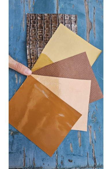 5 Selected leather scraps, BROWN GOLD BRONZE tones, printed and metalic printed, mix selection leather remnants as per pictures