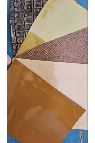 5 Selected leather scraps, BROWN GOLD BRONZE tones, printed and metalic printed, mix selection leather remnants as per pictures