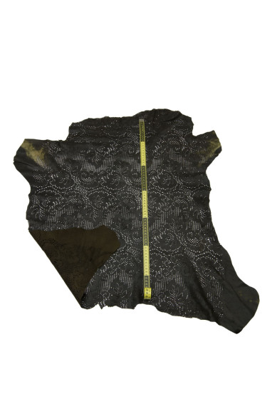 Pelle CAVALLINO rasato TRAFORATO, vitello pony verde scuro - marrone, pellame stampato per hobbisti