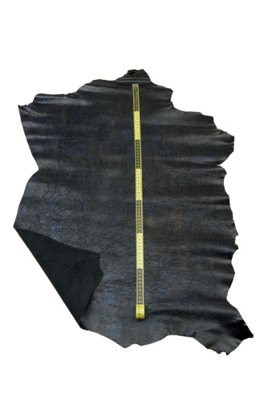 Pellame nero STROPICCIATO con sfumature blu, capra lucida effetto vernice NAPLAK, pelle morbida per hobbisti