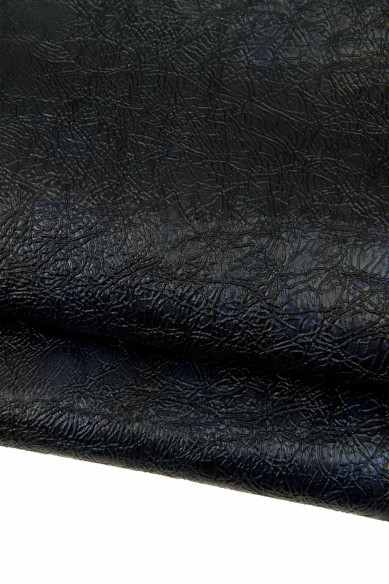 Pellame nero STROPICCIATO con sfumature blu, capra lucida effetto vernice NAPLAK, pelle morbida per hobbisti