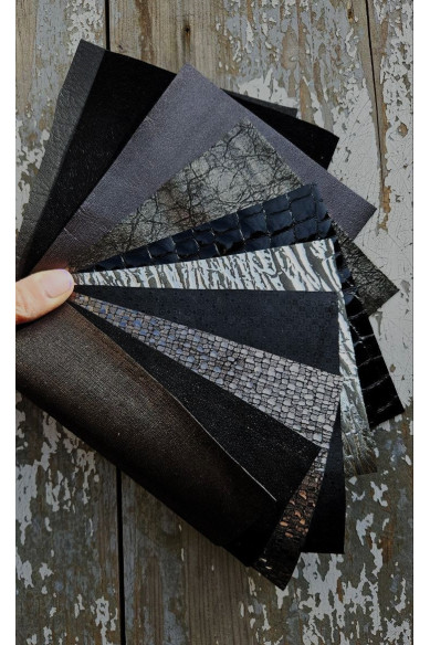 10 Ritagli di pellami unici selezionati, stampati sui toni NERO e ANTRACITE, pezzi mix di fantasie come da foto