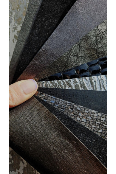 10 Ritagli di pellami unici selezionati, stampati sui toni NERO e ANTRACITE, pezzi mix di fantasie come da foto